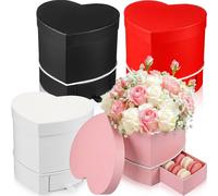 Fullhawl 4 Pcs Valentine's Day Heart Shaped Flower Boxes with Drawer - 6.1x5.5x5.7 In, 4 Colors Small Floral Gift Box for Bouquets Jewelry - Perfect for Weddings Proposals Birthdays