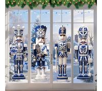 Fullhawl 4 Sheets Large Christmas Window Clings Decorations Nutcracker Soldiers Christmas Window Clings Nutcrackers Xmas Stickers for Holiday Party(Blue and White Porcelain)