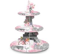 Fullhawl Paris Party Cupcake Stand 3-Tier Pink Eiffel Tower Cupcake Holder Pink Paris Dessert Tower European City Landscape Birthday Decorations Supplies for Baby Shower Tea Party Wedding