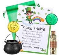 Fullhawl St. Patrick's Day Leprechaun Trap Kit Leprechaun Letter Shamrock Green Gold Coins Printed goblin Note Mini Gold Glitter in a Corked Bottle for Irish Trap Gift Toy Party Decor(Black Bucket)