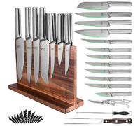 FULLHI 15pcs Japanese Knife Set with Magnetic Knife Block Holder, Meat Fork, Kitchen Shears, Sharpener Rod Premium Stainless Steel Kitchen Steak Knife Set Dishwasher Safe