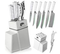FULLHI 8-Piece Block Knife Set, Chef's Knife Set with Block and Sharpener, Kitchen Knives Set, Multicoloured Handle, Gifts for Men Women (White Resin)