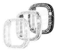 Fullife 3-Pack TPU Bumper for Fitbit Versa 4 Screen Protector, Crystal Diamond Bling Case HD Full Protective Cover for Men Women, Fitbit Versa 4/Fitbit Sense 2 Smartwatch, Black/Silver/Clear