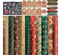 FullJoyHut 10 Sheets Christmas Wrapping Paper Set, Christmas Kraft Gift Paper 70x50cm, 10 Christmas Kraft Paper Gift Tags, 12 Stickers, 4 Roll Jute String Twine Rope for Xmas Gift Wrapping