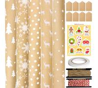 FullJoyHut 5 Christmas Wrapping Paper Rolls, Reindeer Snowflakes Kraft Wrapping Paper Rolls - 43cm x 3M Each, Brown Gift Wrapping Paper with Tags Strings for Xmas Decoration Arts & Crafts