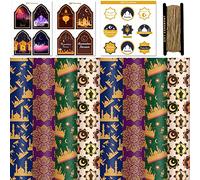 FullJoyHut Eid Mubarak Ramadan Gift Wrapping Paper Set with Moon Star Patterns, Includes 8 Sheets of 70x50cm Wrapping Paper, 8 Gift Tags, 9 Stickers, and 10m Jute Twine for Eid al-Fitr Celebrations