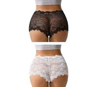 FULLJOYLOVE French Knickers Women Plus Size Lace Thong Cotton Crotch Brazilian Underwear Hipster Panties Sexy Ladies Briefs Bikini Cheeky Thongs Black White 2Pack UK 16