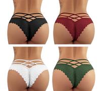 FULLJOYLOVE Lace Thongs for Women Plus Size Naughty Tangas Knickers Ladies Lace Underwear Sexy Stretchy Hollow Panties Briefs Black Red White Green 4Pack L