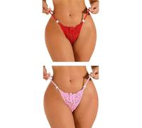 FULLJOYLOVE Lace Thongs for Women Plus Size Naughty Tangas Knickers Waist Belt Drill Ladies Lace Underwear Sexy Stretchy Hollow Panties Briefs Red White L