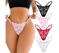 FULLJOYLOVE Thong for Women Lace French Panties Sexy G String Thongs T Back Stretchy Panties Thong Hipster Bikini Briefs 4 Pack Black White Wine Red Pink L