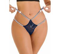 FULLJOYLOVE Women Crystal G-String Seamless Underwear Lace Sexy Strappy Tanga No Show Underwear Panties Blue