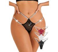 FULLJOYLOVE Women Crystal G-String Seamless Underwear Lace Sexy Strappy Tanga No Show Underwear Panties 3Pack