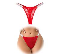 FULLJOYLOVE Women Lace Knickers Sexy Shiny Panties Rhinestone Strap Thongs One-piece G-String Brazilian Cheeky Bikini Underwear Red L