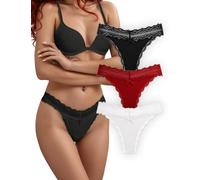 FULLJOYLOVE Women Lace Thongs Sexy Underwear Floral Stretchy Hipster for Ladies G strings Mid Waist Panties 3 pack Black White Red L