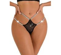 FULLJOYLOVE Women Sexy Crystal G-String Underwear Low Rise Strappy Lace Underwear Panties Black