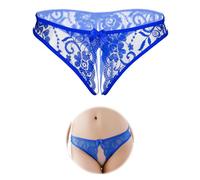 FULLJOYLOVE Women's Sexy Lace Knickers Open Crotch Briefs Thongs Low Rise Cheeky Panties See Through Brazilian Briefs for Ladies Cute Hipster Underwear Blue UK 12