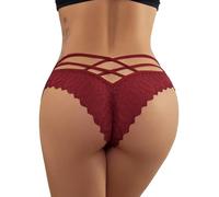 FULLJOYLOVE Women's Sexy Lace Mesh Cross Lines Hollow Panties Seamless Knickers Ladies Stretchy Low Rise Bikini Briefs Hipster Lace Underwear for Female Red