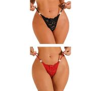 FULLJOYLOVE Women's Sexy Lace Mesh Hollow Panties Waist Belt Drill Seamless Knickers Ladies Stretchy Low Rise Bikini Briefs Hipster Lace Underwear for Female Black Red 2 Pack