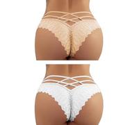 FULLJOYLOVE Women's Sexy Lace Mesh Hollow Thongs Seamless Knickers Ladies Stretchy Low Rise G-Strings Tangas Hipster Panties Lace Underpants for Female White Beige 2 Pack