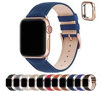 Fullmosa Compatible with Apple Watch Straps 41mm 40mm 38mm, Genuine Leather iWatch Replacement Bands with Case for Series 9/8/7/6/5/4/3/2/1/SE/SE2 for Women Men, Indigo Blue+Rose Gold Aluminium Buckle