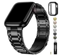 Fullmosa Compatible with Apple Watch Straps 45mm 44mm 42mm Stainless Steel Replacement iWatch Bands with TPU Protective Case for SE 3/2/1 Series 9 8 7 6 5 4 3 2 1, Black