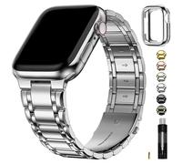 Fullmosa Compatible with Apple Watch Straps 45mm 44mm 42mm Stainless Steel Replacement iWatch Bands with TPU Protective Case for SE 3/2/1 Series 9 8 7 6 5 4 3 2 1, Silver
