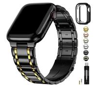 Fullmosa Compatible with Apple Watch Straps 45mm 44mm 42mm Stainless Steel Replacement iWatch Bands with TPU Protective Case for SE 3/2/1 Series 9 8 7 6 5 4 3 2 1, Black with Gold