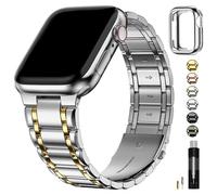 Fullmosa Compatible with Apple Watch Straps 45mm 44mm 42mm Stainless Steel Replacement iWatch Bands with TPU Protective Case for SE 3/2/1 Series 9 8 7 6 5 4 3 2 1, Silver with Gold