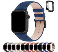 Fullmosa Compatible with Apple Watch Straps 49mm 45mm 44mm 42mm, Genuine Leather iWatch Replacement Bands with Case for Series 9/8/7/6/5/4/3/2/1/SE/SE2 for Women Men, Indigo Blue+Space Grey Buckle