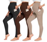 FULLSOFT 3 Pack Women’s Maternity Leggings Over The Belly-High Waisted Workout Pregnancy Yoga Pants Pockets, 4-black/Coffee/Apricot, Large