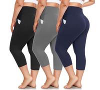 FULLSOFT Plus Size Capri Leggings with Pockets for Women, High Waist, Stretchy, 1 x 4 x Workout, Yoga Pants, 3-Pack, 02-Black/Gray/Navy, X-Large