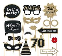 Fully Assembled 70th Birthday Photo Booth Props - Set of 30 - Black & Gold Selfie Signs - 70th Party Supplies & Decorations - Cute Bday Designs with Real Glitter - Did We Mention No DIY