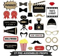 Fully Assembled Hollywood Photo Booth Props - Set of 27 - Black Gold Red Selfie Signs - Movie Night Themed Party Supplies & Decorations - Cute Oscars Designs with Real Glitter - Did We Mention No DIY