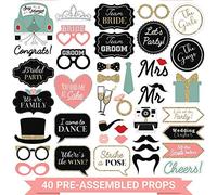 Fully Assembled Wedding Photo Booth Props - Set of 40 - Gold, Pink, Teal, & Silver Selfie Signs - Wedding Party Supplies & Decorations - Cute Designs with Real Glitter - Did We Mention No DIY