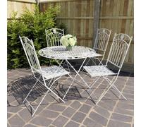 Fully Assembly Outdoor Vintage Dining Set, 4 Folding Chairs And Round Table - Ornate Wrought Iron Design, White Antique Finish