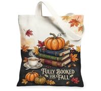 Fully Booked For Fall Pumpkins Journal Quote Canvas Tote Bag 13x15 Inch | Steaming Mug, Maple Leaves, Stacked Journals, Cozy Autumn Atmosphere, Rustic Seasonal Charm