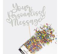 Fully Custom Premium Double Sided Glitter Card Cake Topper Sign & 25g Party Pack of Cake Sugar Sprinkles for your Celebration | Birthday, Anniversary, Leaving Cake Decoration (Light Silver)