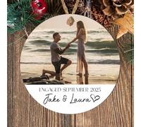 Fully Customisable Personalised Engagement Gift Decoration - Round Hanging Bauble with Your Own Photo and Text for Couples, Friends & Loved Ones (MDF Wood - Indoor Use Only)