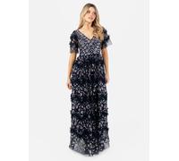 Fully Embellished Short Sleeve V Neck Ruffle Maxi Dress Maya Deluxe Blue 14