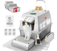 XXL Stainless Steel Cat Litter Box with Lid, 8" Base Tray, Extra Large for Big Cats, Scoop, Step Board, Litter Mat, Brush, Anti-Leak, Non-Stick, Easy to Clean (Light Gray)