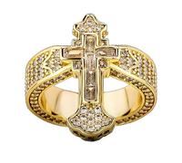 Fully Iced Baguette Cut Cross Ring, 18K Gold CZ Hip Hop Redemption Wide Rings, Christian Band for Women, Rectangular Cross Pinky Ring (Gold, 7)