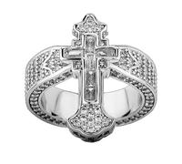 Fully Iced Baguette Cut Cross Ring, 18K Gold CZ Hip Hop Redemption Wide Rings, Christian Band for Women, Rectangular Cross Pinky Ring (Silver, 7)