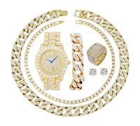 Fully Iced Mens Big Rocks Bezel Color Dial with Roman Numerals, Cuban Chain Bracelet, Cuban Necklace, Tennis Chain & Ring - ST10327CRNT, 6 UK, Stainless Steel