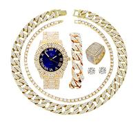 Fully Iced Mens Big Rocks Bezel Color Dial with Roman Numerals, Cuban Chain Bracelet, Cuban Necklace, Tennis Chain & Ring - ST10327CRNT, Gold - Royal Blue, 8 UK, ST10327CRNT