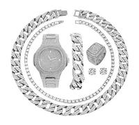 Fully Iced Mens Big Rocks Bezel Color Dial with Roman Numerals, Cuban Chain Bracelet, Cuban Necklace, Tennis Chain & Ring - ST10327CRNT, 7 UK, Stainless Steel, Cubic Zirconia