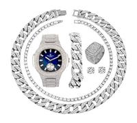 Fully Iced Mens Big Rocks Bezel Color Dial with Roman Numerals, Cuban Chain Bracelet, Cuban Necklace, Tennis Chain & Ring - ST10327CRNT, ST10235 VO SLV BLUE, 8 UK, ST10235 VO SLV BLUE, 10