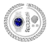Fully Iced Mens Big Rocks Bezel Color Dial with Roman Numerals, Cuban Chain Bracelet, Cuban Necklace, Tennis Chain & Ring - ST10327CRNT, Silver - Royal Blue, 6 UK, ST10327CRNT (8, Silver - Royal Blue)