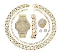 Fully Iced Mens Big Rocks Bezel Color Dial with Roman Numerals, Cuban Chain Bracelet, Cuban Necklace, Tennis Chain & Ring - ST10327CRNT, 8 UK, Stainless Steel, Cubic Zirconia