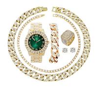 Fully Iced Mens Big Rocks Bezel Color Dial with Roman Numerals, Cuban Chain Bracelet, Cuban Necklace, Tennis Chain & Ring - ST10327CRNT, Gold - Money Green, 7 UK, Hip Hop