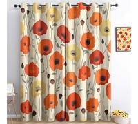 Fully Lined Pencil Pleat Curtains - Vintage Floral Poppies Room Darkening Decorative Drapes for Bedroom, Living Room, Guest Room - W 66" x L 90" (2 Panels), Orange Red